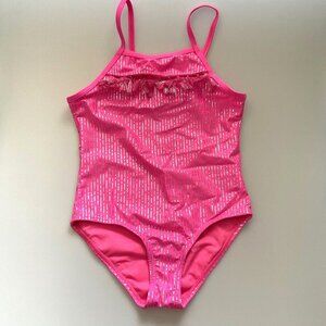 NEW KENSIE GIRL FOIL STRIPE RUFFLE TASSEL ONE PIECE SWIMSUIT